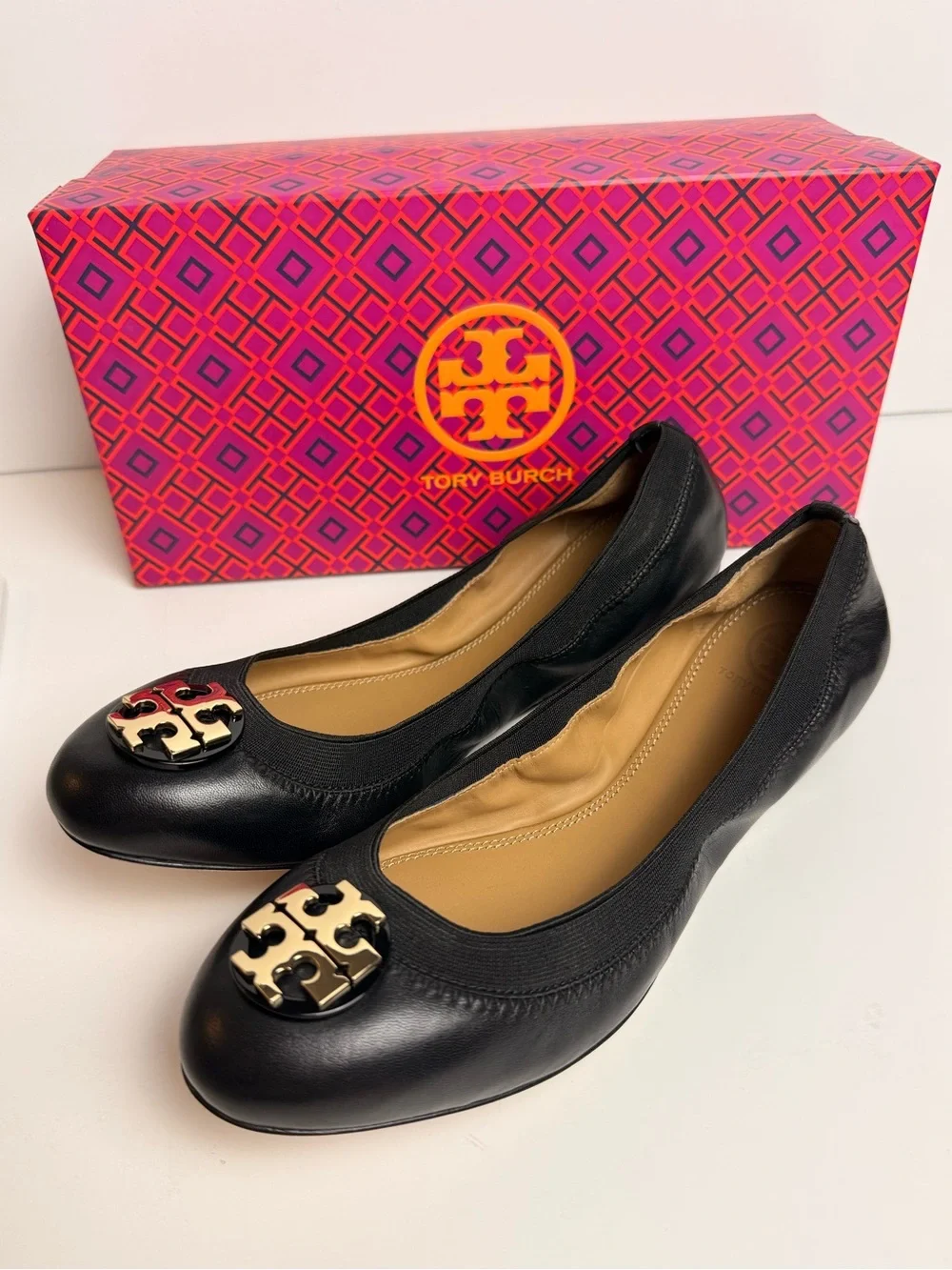 Tory Burch Claire Elastic Ballet Flats Black Nappa Leather Gold Logo Shoes Sz 8